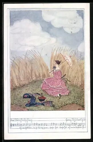 Künstler-AK Mela Köhler, Deutscher Schulverein Nr. 1223: Frau sitzt beim Picknick auf einer Wiese