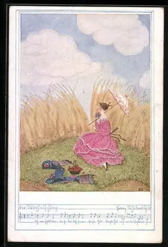 Künstler-AK Mela Köhler, Deutscher Schulverein Nr. 1223: Junge Frau sitzt mit Schirm auf einem Feld
