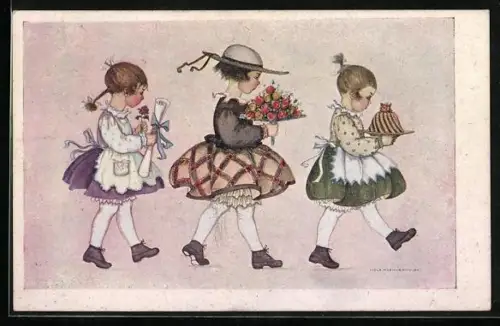 Künstler-AK Mela Köhler, Deutscher Schulverein Nr. 1117: Drei Kinder bringen Blumen, Kuchen und Geschenke