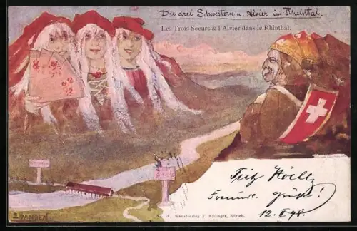 Künstler-AK sign. E. Hansen / Emil Nolde: Drei Schwestern und der Alvier im Rheintal, Berg mit Gesicht / Berggesichter