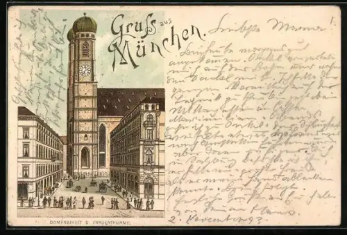 Vorläufer-Lithographie München, 1893, Domfreiheit und Frauenkirche