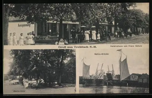 AK Trebitsch /N.-M., Vereinshaus Franz Schutz, Gartenlokal