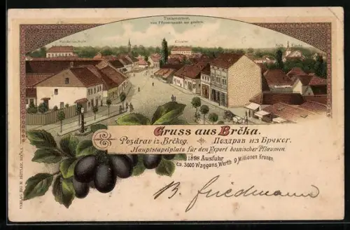 Lithographie Brcka, Tuzlaerstrasse vom Pflaumenmarkt aus gesehen
