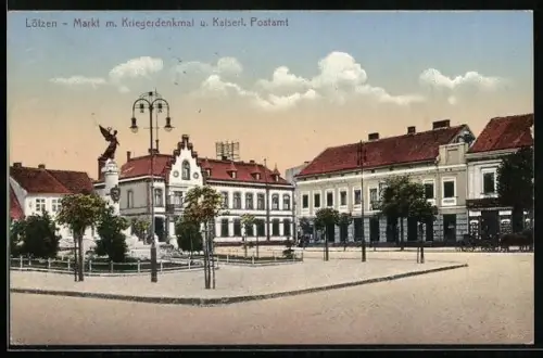 AK Lötzen, Markt mit Kriegerdenkmal u. Kaiserl. Postamt