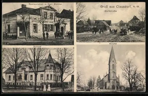 AK Clausdorf /N.-M., Restaurant v. Carl Richter, Kirche, Dorfstrasse
