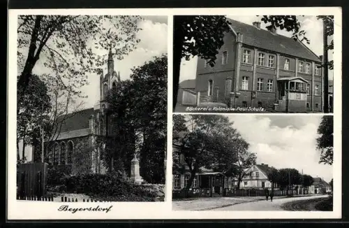 AK Beyersdorf, Bäckerei v. Paul Schulz, Kirche, Strassenpartie