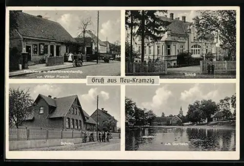 AK Neu-Kramzig, Fleischerei und Kolonialwarenhandlg. von Viktor Piwecki, Schulen, Am Dorfteich