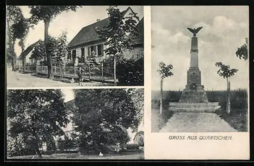 AK Quartschen, Denkmal, Strassenpartie im Ort