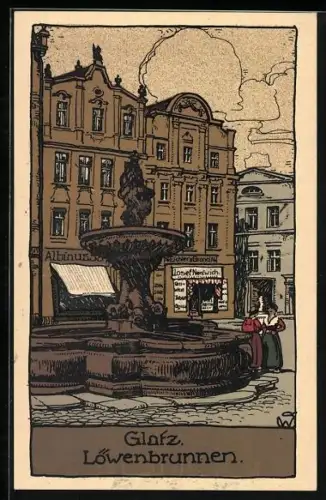 Künstler-AK Glatz, Blick zum Löwenbrunnen