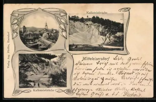 AK Mitteleisersdorf, Kalksteinbrüche, Ortsansicht mit Kirche