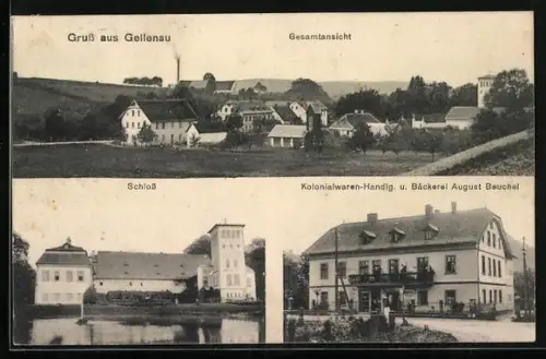 AK Gellenau, Kolonialwaren-Handlg. u. Bäckerei August Beuchel, Schloss, Ortsansicht