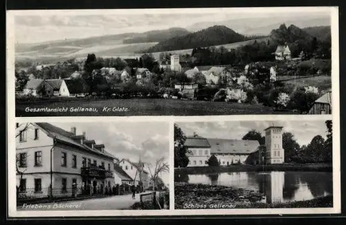 AK Gellenau /Kr. Glatz, Friebens Bäckerei, Schloss, Ortsansicht