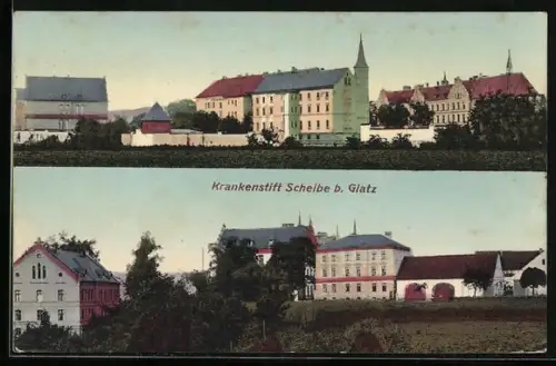 AK Scheibe b. Glatz, Totalansichten vom Krankenstift