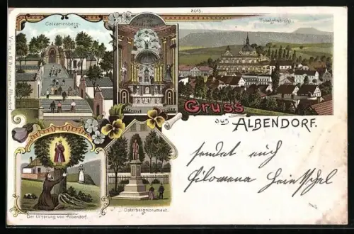 Lithographie Albendorf, Calvarienberg, Osterbergmonument, Totalansicht