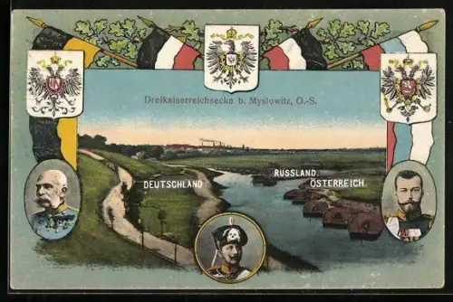 AK Myslowitz /O.-S., Dreikaiserreichsecke, Zar Nikolaus II., Kaiser Wilhelm II., Kaiser Franz Josef I.