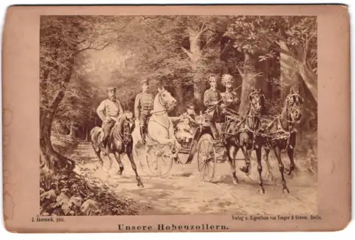 Fotografie Tonger & Greven, Berlin, Unsere Hohenzollern, Kaiser Friedrich III, Wilhelm I., Wilhelm II. beim Ausritt