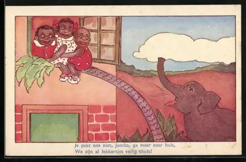 AK Drei afrikanische Kinder auf einer gebogenen Palme, trompetender Elefant