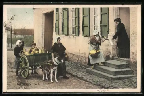 AK Belgique Laitieres, Les Clientes, Hundegespann mit Milchkannenübergabe