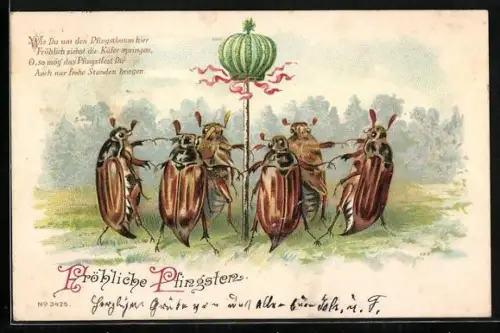 Lithographie Maikäfer tanzen um einen Pfingstbaum, Pfingstgruss