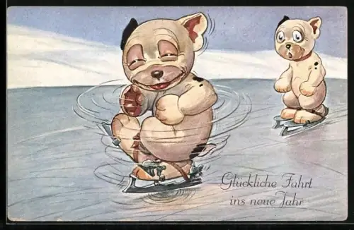 AK Bonzo auf Schlittschuhen beim Wirbeln auf dem Eis, staunender Begleiter, Neujahrsgruss