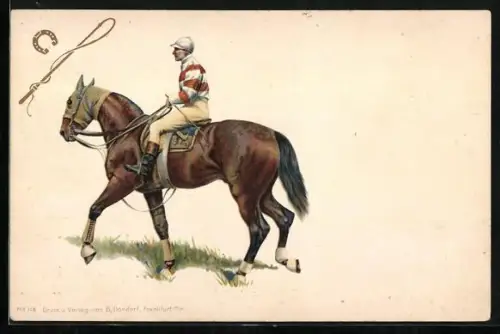 Lithographie Jockey auf Reitpferd, Hufeisen, Peitsche