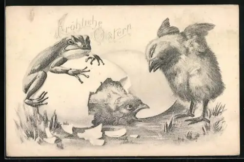 AK Frosch klammert sich an Ei mit schlüpfendem Küken, Ostergruss