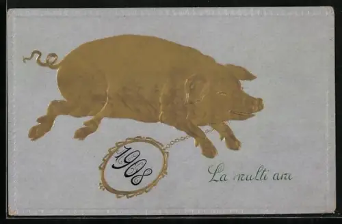 Präge-AK Goldenens Schwein mit Kettenanhänger, La nulti ani, 1908