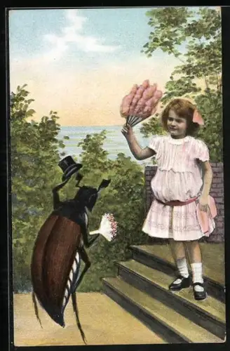 AK Mädchen wird von einem Riesen-Maikäfer mit Blumen begrüsst