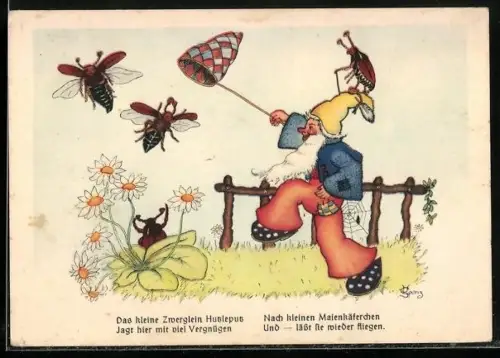 Künstler-AK Zwerg versucht Maikäfer mit dem Kescher zu fangen