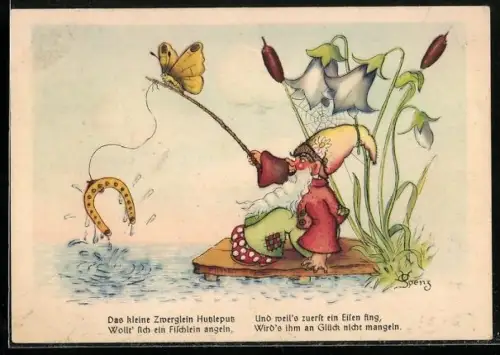 Künstler-AK Zwerg Hutzleputz zieht beim Angeln ein Hufeisen aus dem Wasser
