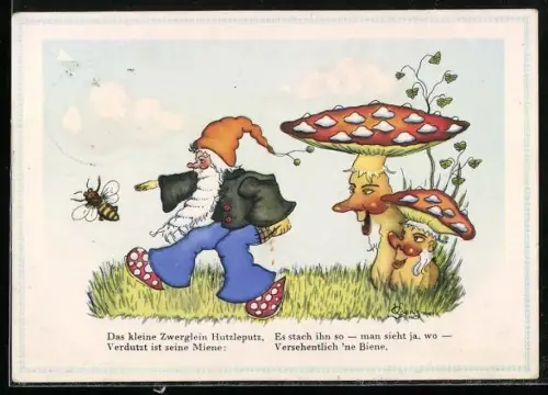 Künstler-AK Zwerg Hutzleputz mit Biene & Pilzen, Gedicht