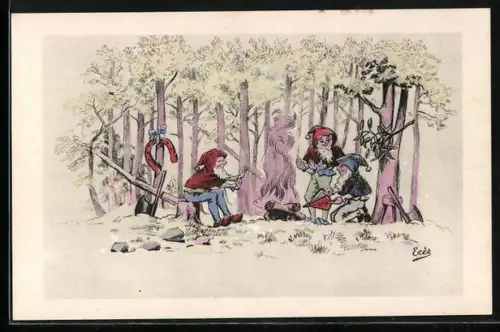 Künstler-AK Drei Zwerge machen ein Feuer im Wald