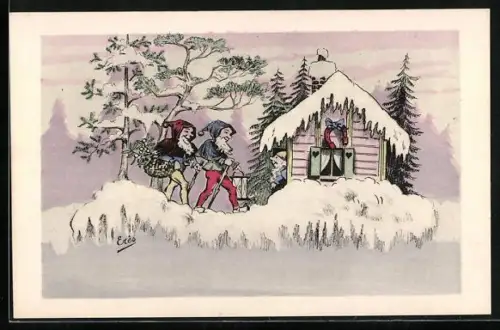 Künstler-AK Zwerge laufen zu einem Haus im Schnee