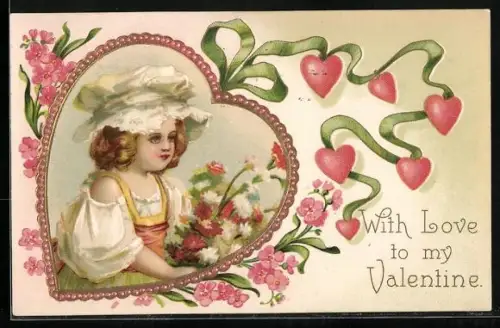 Künstler-AK Mädchen in Herzensrahmen mit Blumen, With Love to my Valentine