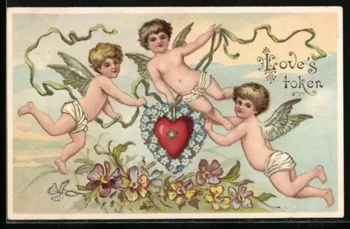 Künstler-AK Drei Engel fliegen um ein Herz herum, Love`s token