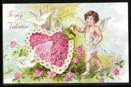 Künstler-AK Engel giesst ein Herz aus Rosen, To my Valentine