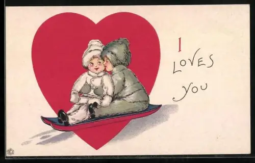 Künstler-AK Zwei Kinder sitzen auf einem Schlitten vor einem Herz, I loves you