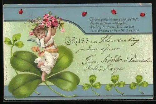 Lithographie Engel mit Rosen auf dem Kleeblatt stehend, Marienkäfer