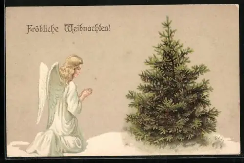 Künstler-AK Betender Weihnachtsengel vor einem Tannenbaum, Fröhliche Weihnachten