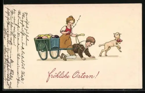 Künstler-AK Mädchen mit einem Jungen vor einem Karren voller Ostereier, Osterlamm