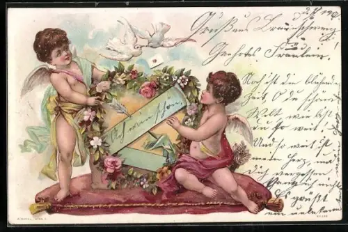 Lithographie Zwei Amor mit Friedenstauben und Blumenkranz