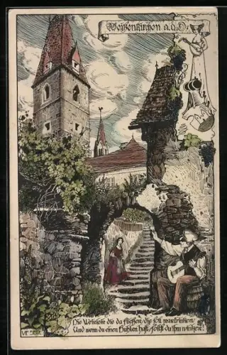 Künstler-AK Weissenkirchen /D., Musikant vor Tor auf einer Steintreppe