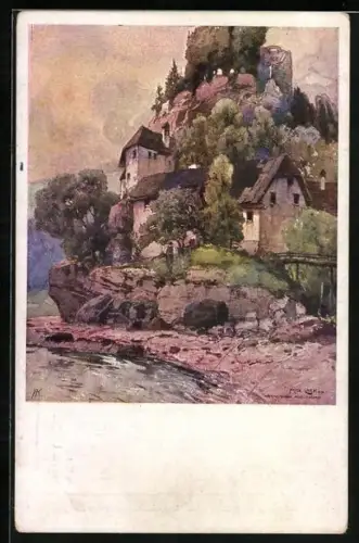 Künstler-AK Fritz Lach: St. Nikola an der Donau, Burg Werfenstein und Ortschaft mit Donaupartie