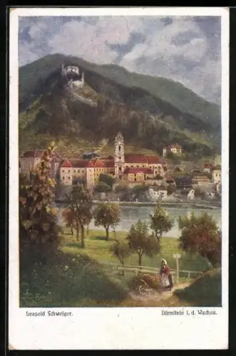 Künstler-AK Leopold Schweiger: Dürnstein i. d. Wachau, Frau mit einer Schubkarre vor dem Ort