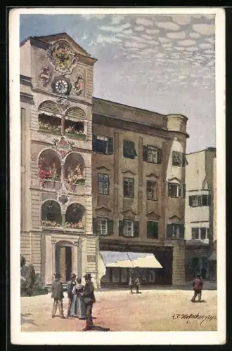 Künstler-AK E.F. Hofecker: Gmunden, Rathauspartie