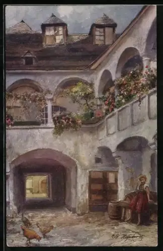 Künstler-AK E.F. Hofecker: Krems /Wachau, Löwenhof, Mädchen am Weinfass, Hühner