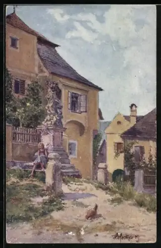 Künstler-AK Rossatz, Mädchen sitzt am Denkmal