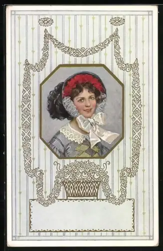 AK Frauenportrait mit Hut und Schleife, Biedermeier