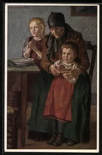 Künstler-AK Eine Mutter und ihre zwei Kinder haben nichts zu Essen
