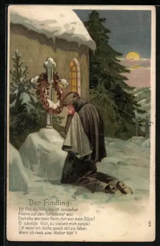 Lithographie Der Findling, Sohn am Elterngrab